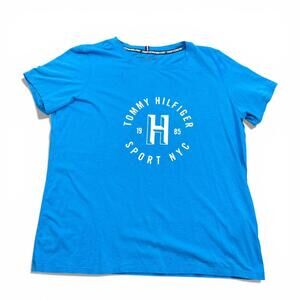 Tommy Hilfiger Sport T Shirt Top Womens Size Large Blue Big Logo Athleisure Tee